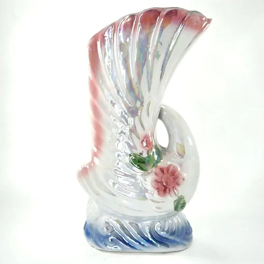 Vintage Iridescent Ceramic Swan Vase – Pink & Blue Floral Mid-Century Planter - Picture 5 of 8